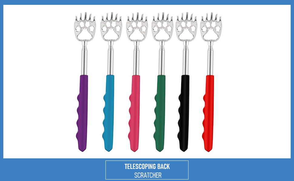 6 count Telescoping Back Scratcher - Bear Claw Back Scratchers - Portable Extendable Backscratcher with Rubber Handles in Black, Blue, Green, Purple, Red, Pink Color
