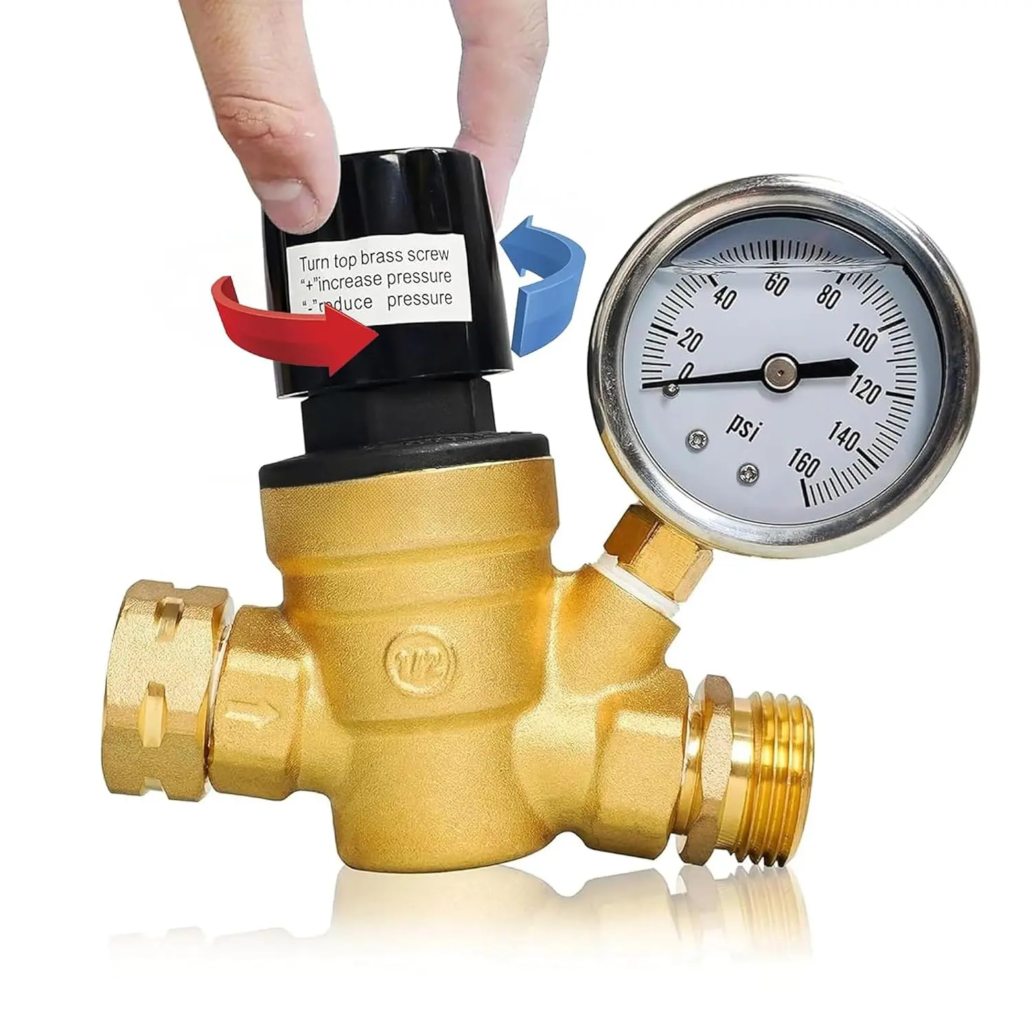 Water Pressure Regulator, Adjustable Handle Brass Water Pressure Regulator, Water Pressure Reducer with Gauge and Inlet Screened Filter for RV Camper Travel Trailer