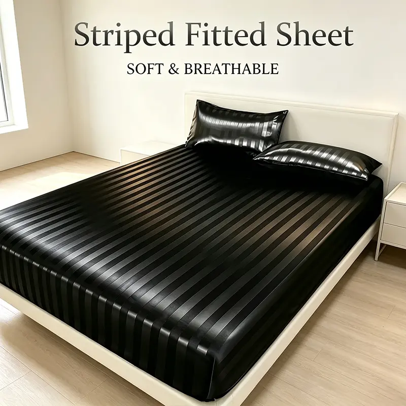 Elegant Gloss Satin Striped Fitted Sheet with Coordinated Pillow Shams, Heat Release Silky Smooth Fabric, Tight Fit Deep Pocket Design to Protect Mattress All Year Round