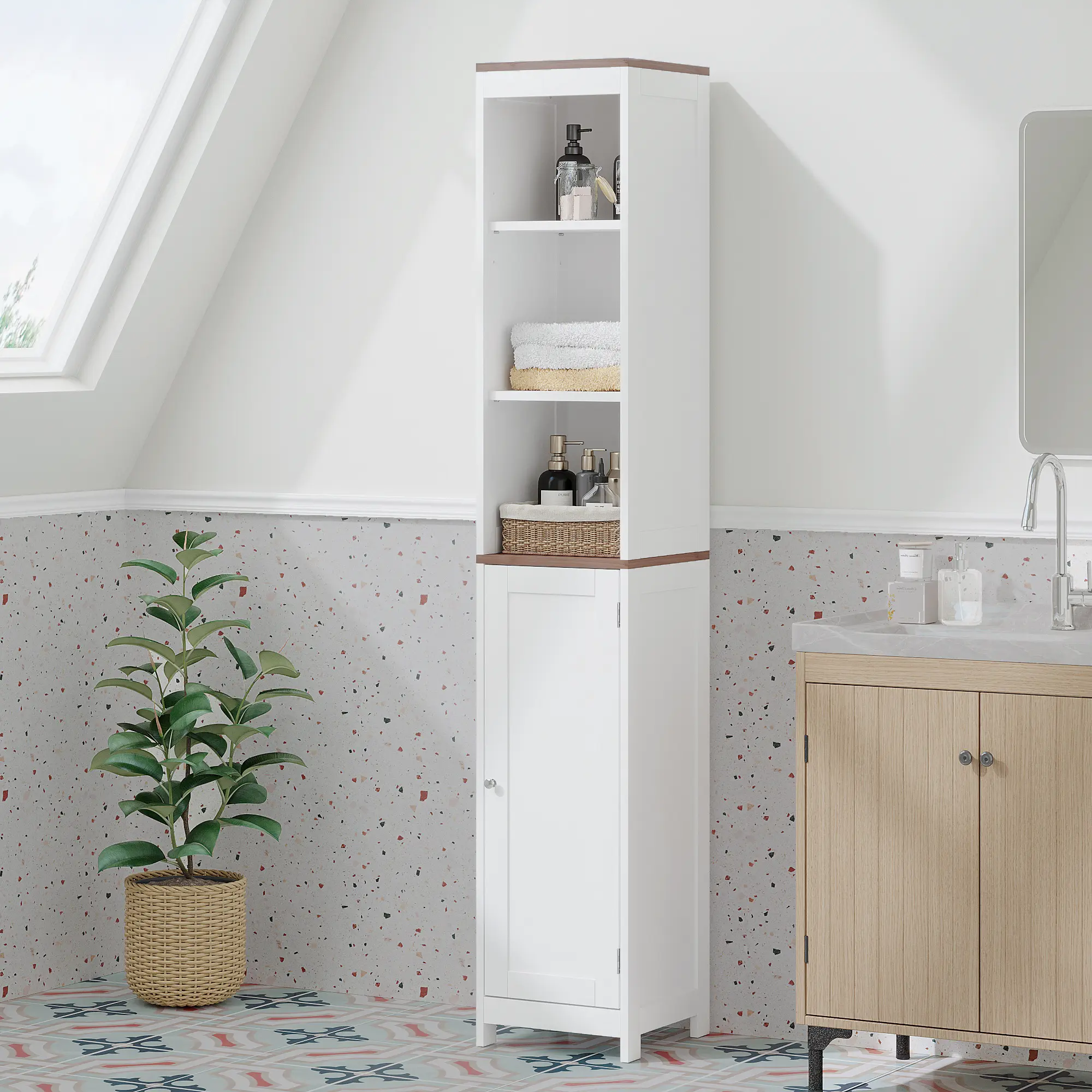 ARCH Tall Freestanding Bathroom Storage Cabinet - Narrow Profile Linen Tower with Reversible Door, Open Shelves, Enclosed Cabinet, Mixed Storage, Clean White Finish, Fits Tight Corners for Small Spaces, Home Indoor Cupboard Furniture
