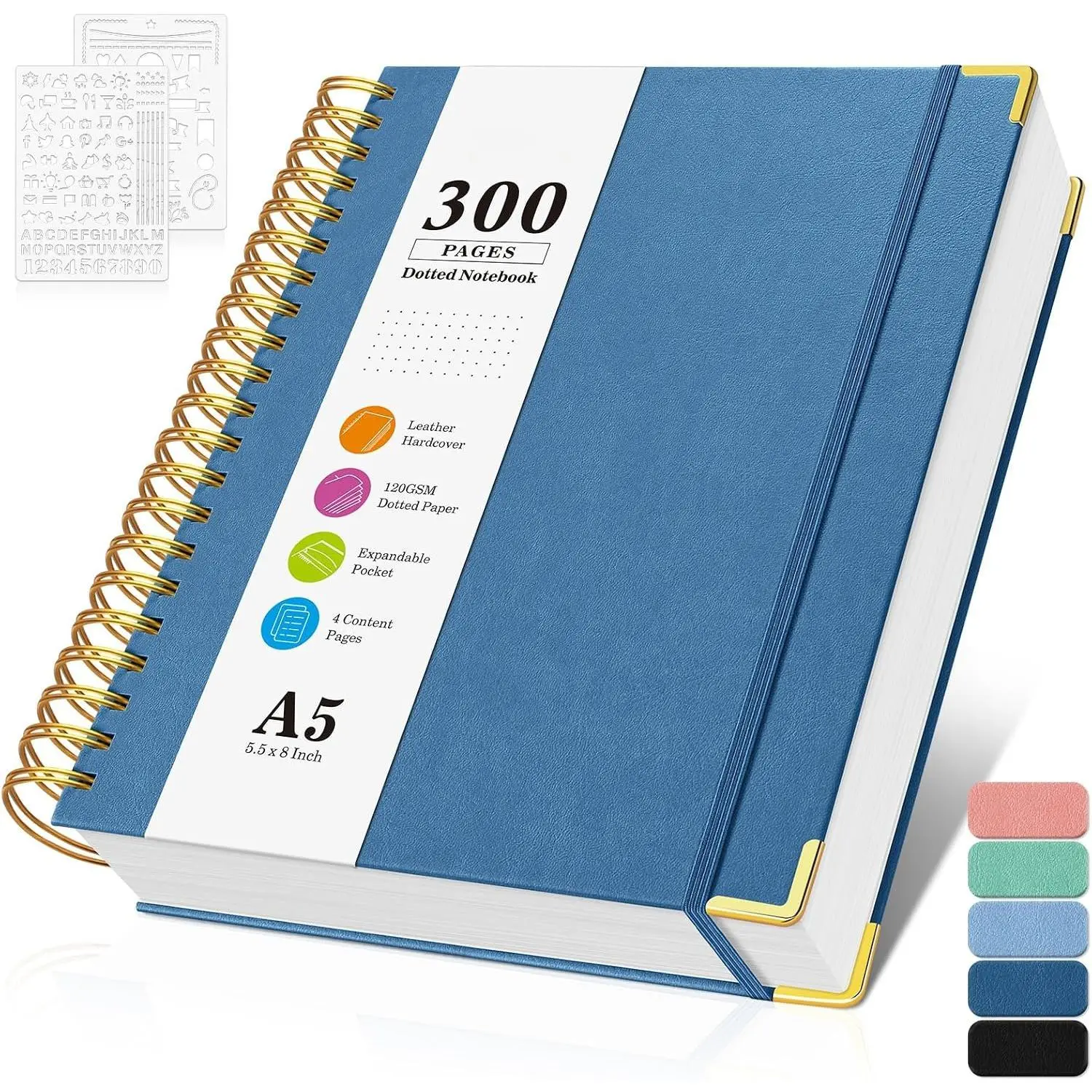 Leather Cover A5 Dot Grid Layflat Spiral Notebook - 300 Pages, 5.5"x8" Size, 120 GSM No-Bleed Thick Paper, Dark Blue Journal, with Tab Stickers & Stencils, Office Stationery for Work Writing