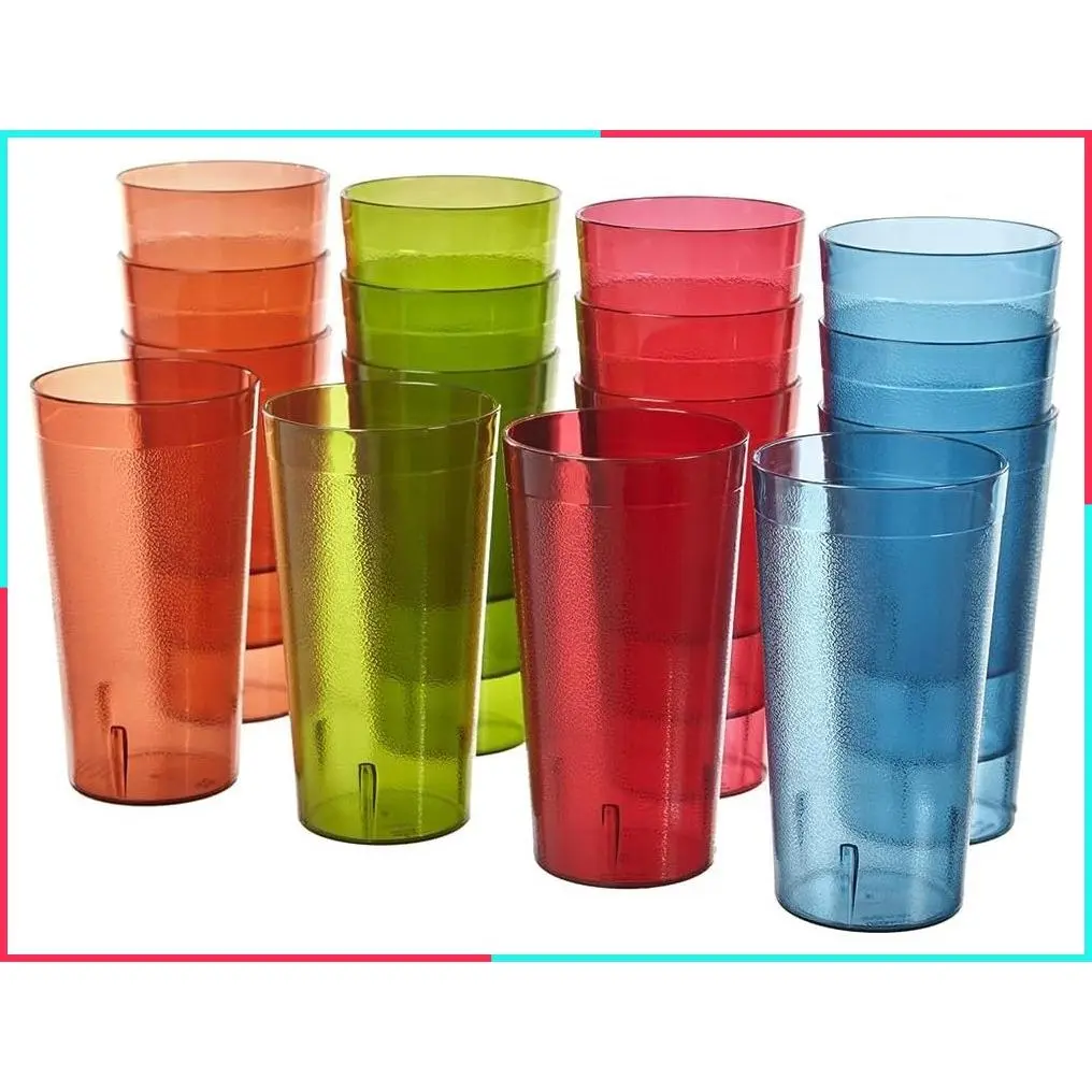 Cafe Plastic Reusable Tumblers (Set of 16) 20 oz Water Cups Assorted Colors | Restaurant Style Drinking Glasses Value Set, Stackable, BPA-Free, Made in USA | Top-Rack Dishwasher Safe