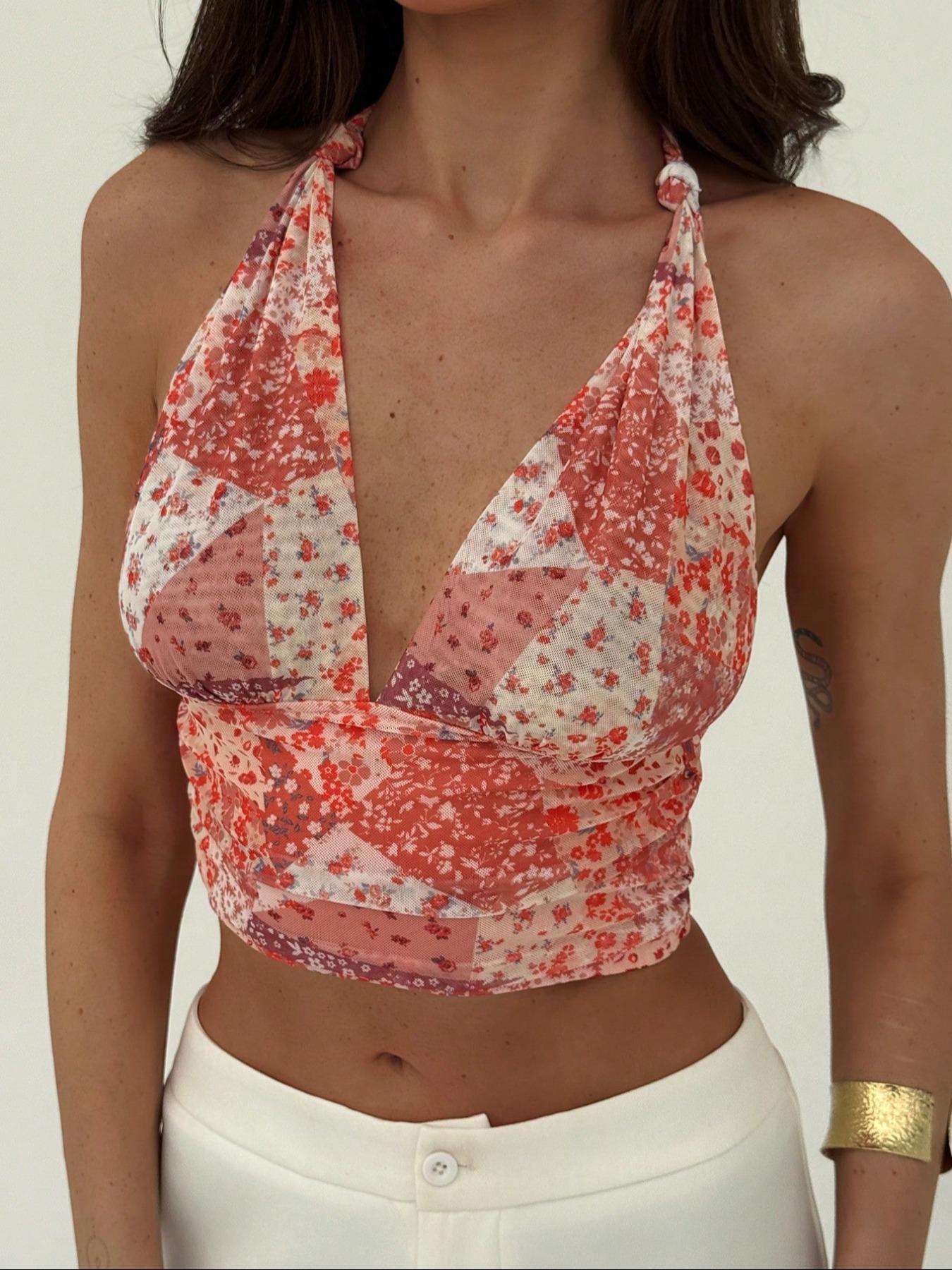 Women's Floral Print Halter Neck Top, Boho Sleeveless Cropped Top for Summer, Women's Clothing for Beach Holiday Vacation, Boho Sleeveless Tie Back Womenswear, Casual Boho Sleeveless