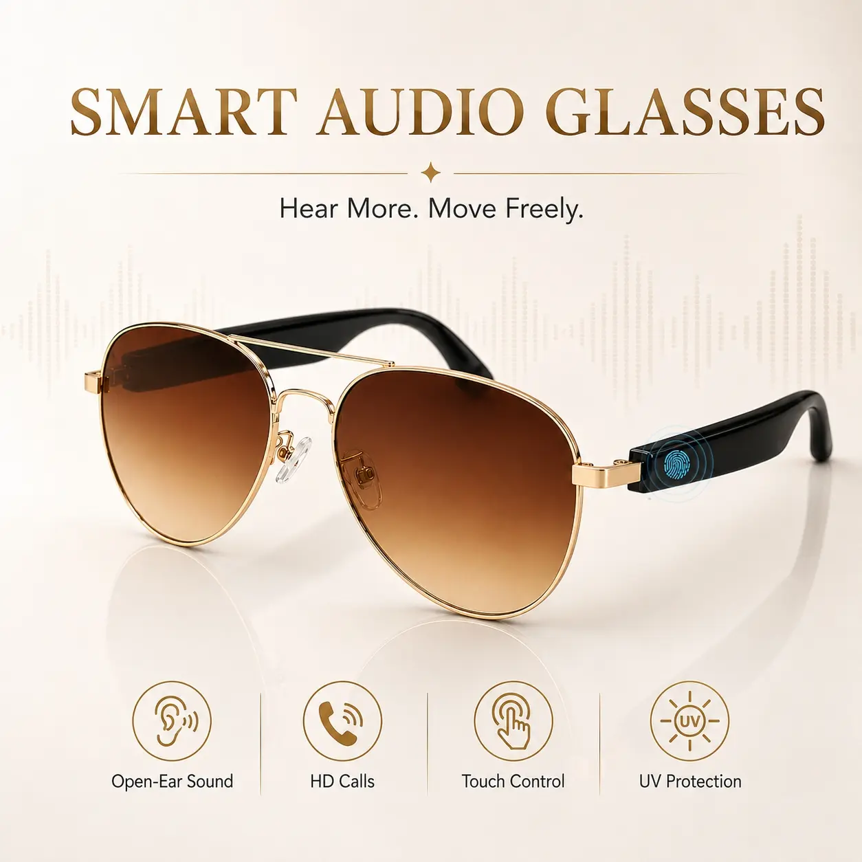 Smart Glasses Bluetooth, Open-Ear Audio Sunglasses with Speakers and Mic, Hands-Free Calling, Music and Touch Control for Men Women