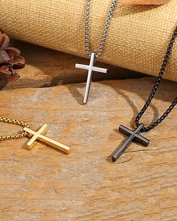 YADOCA Sterling Silver Cross Necklace for Men - Silver Black Gold Mens Cross Necklaces Chain CCross Pendant Necklaces 2.5mm Stainless Steel Cross Chain 18-22 Inch 1PCS