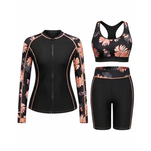 Daci Women Three Piece Rash Guard - Long Sleeve Zip up Swim Shirt Sports Bra Modest Swimsuit with Shorts  SwimWeek  summervibes