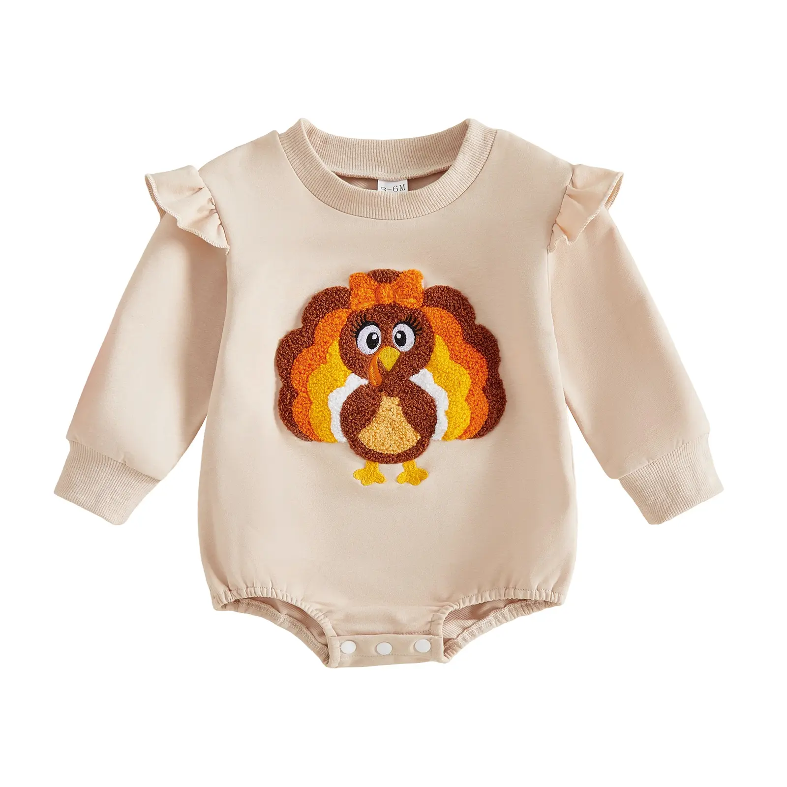 Infant Baby Girl Thanksgiving Romper Long Sleeve Turkey Embroidery Jumpsuits Fall Winter 0-18 Months