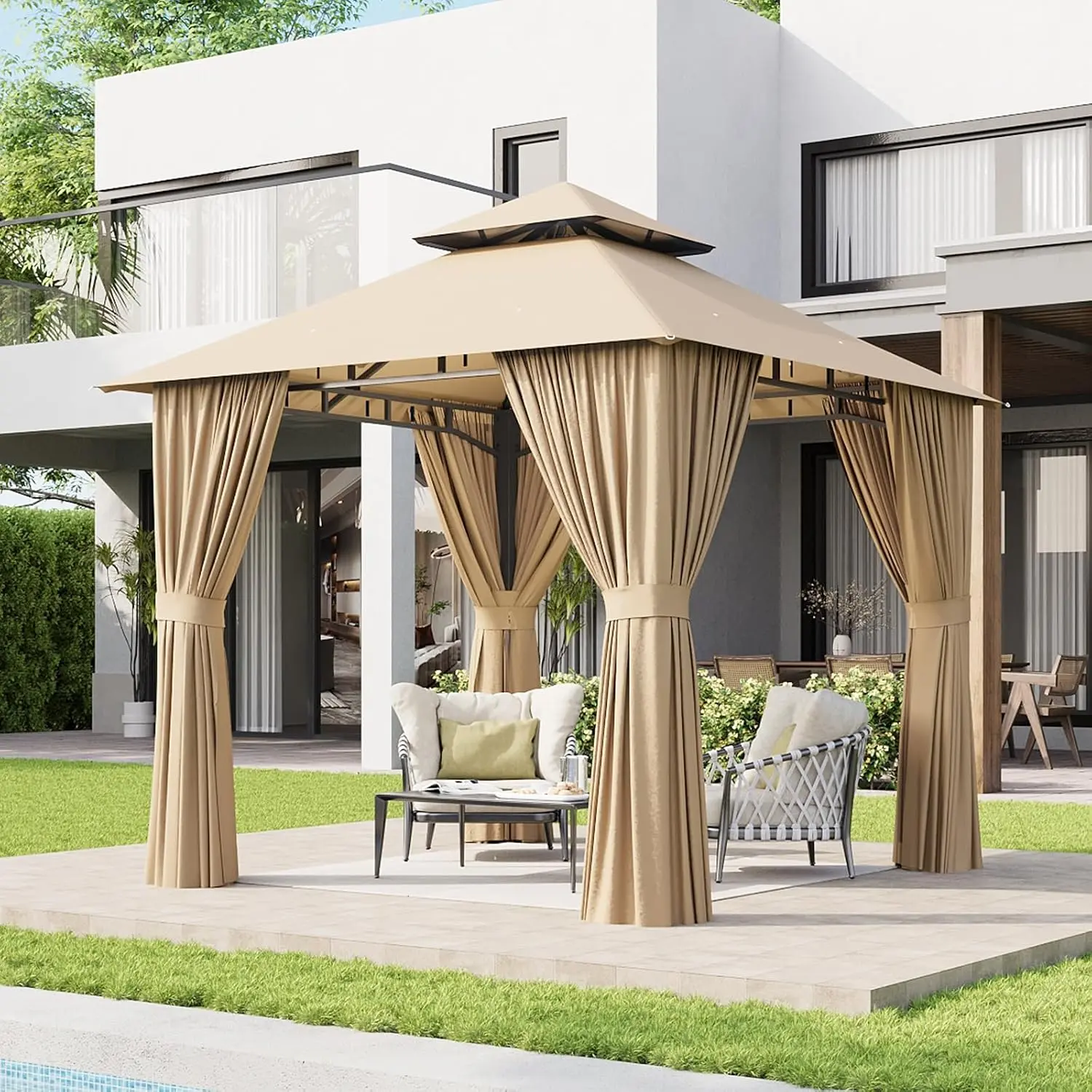 Aoxun 8x8 Gazebo Outdoor Patio - Heavy-Duty Party Tent with Double Roof, Curtain, Zipper Screens, Mosquito Netting, Beige Backyard Garden Lawn Shelter