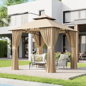 Aoxun 8x8 Gazebo with Curtain & Mosquito Netting Outdoor Heavy-Duty Party Tent with Double Roof, Patio Tent with Zipper Screens Backyard Garden Lawn Shelter,Beige