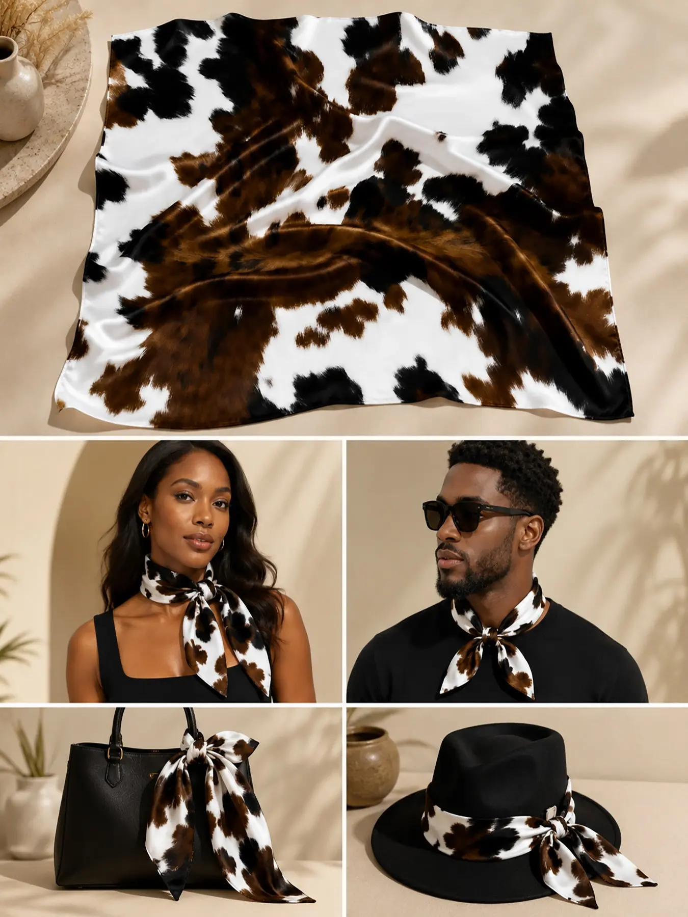 Women Cow Print Square Scarf, Retro Style Random Print, Slim-Fitting Neck Kerchief, Neckscarf, Fashion Hair Bandana & Bag Handle Tie, All Seasons