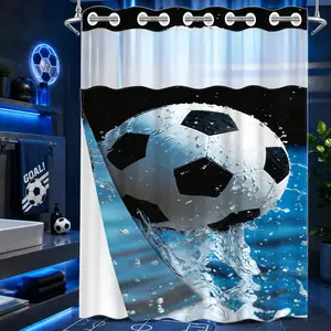 1 Pc Hookless Double Layer Shower Curtain, Soccer Ball with Water Splash Print, Machine Washable Waterproof Mildew Resistant Fabric, Sports Home Bathroom Decor, Removable Snap-in Liner, Top See-Through Curtain, Bathroom Divider - 71"×74"