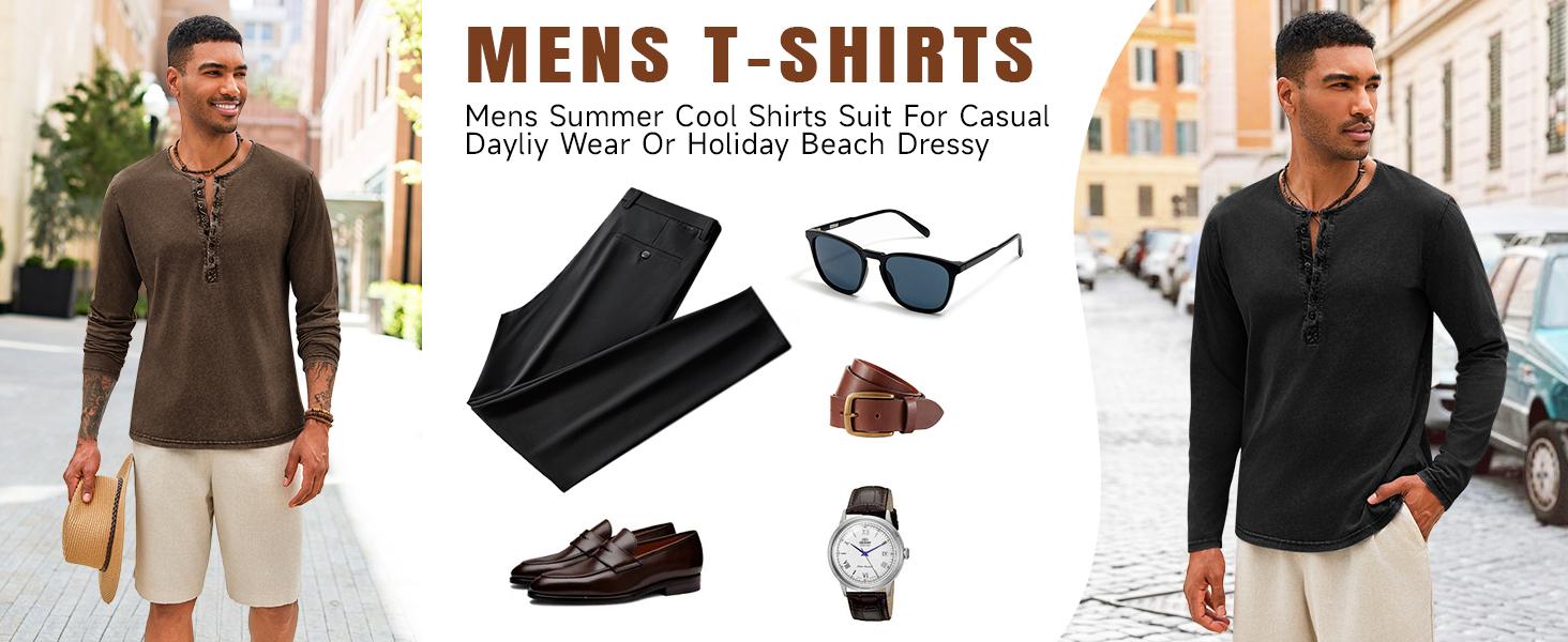 Beotyshow Mens Distressed Henley Shirts Retro Long Sleeve Tee Shirts Casual Button Down Washed T-Shirts for Men Cotton Menswear Father's Day Gift Shirt