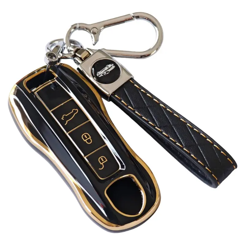 Porsche Smart Key Cover with Keychain Strap, Key Fob Cover, Protective Case for Porsche 911 Cayenne Panamera Taycan, 3 Button Keyless Entry Compatible, Car Key Accessories