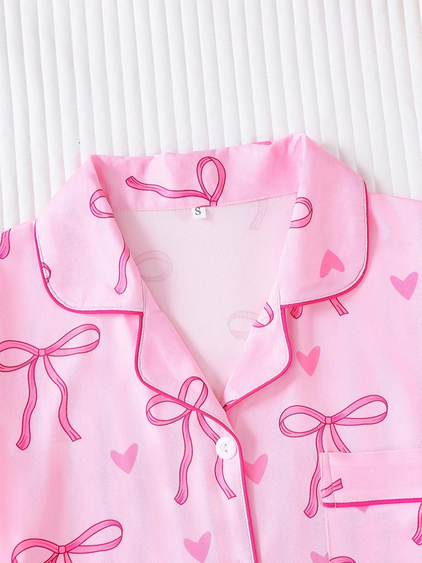 Women's Bow Print Short Sleeve Tee & Shorts Pyjama Set, Comfy Button Up Top & Elastic Waist Shorts Set, Ladies Sleepwear for All Seasons, Lightweight Loungewear, Sleepwear Pajamas Set, Matching Pj Set, Summer Sleepwear