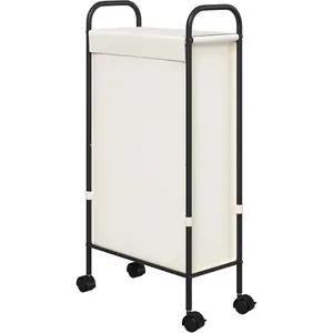 Slim Laundry Hamper with Lid, 50L Small Rolling Laundry Basket on Wheels, 7.9” Narrow Dirty Cloth Cart with Removable Inner Bag for Small Bathroom, Bedroom, Creamy