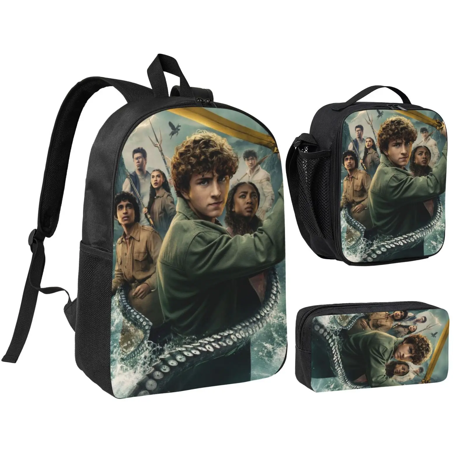 Anime Percy Jackson 3Pcs School Backpack Set for Teen Boys Girls, Adjustable Shoulder Straps Lightweight Bookbag with Insulated Lunch Bag & Pencil Case, School bag, Travel Office Daily Bag