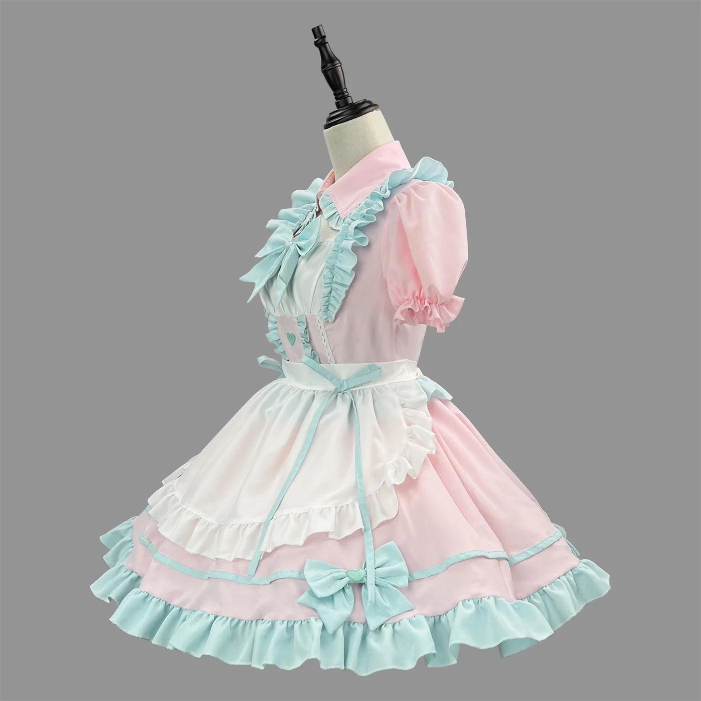 Anime S-5XL Sweet Cute Lolita Maid Dress Cosplay Costume Pink Blue Girl Woman Maid Dress Party Coffee Shop Costumes Rainbow Girl