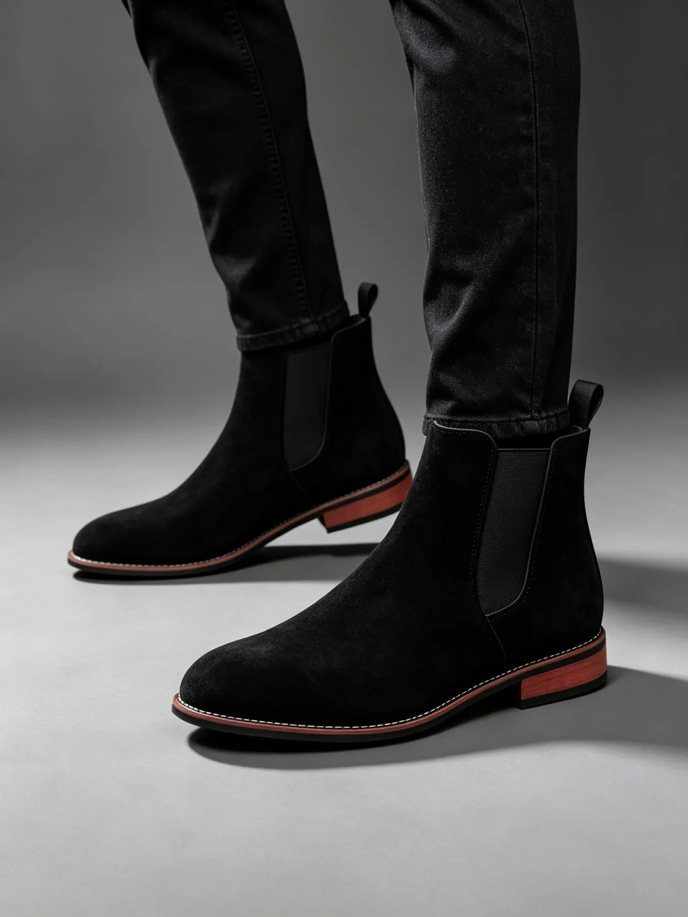Men's Black Suede Chelsea Boots With Red Heel  Elastic Side Ankle Booties Formal Casual Dress Boots For Daily Business Party, Non Slip Fashion Short Boots