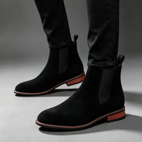Men's Black Suede Chelsea Boots With Red Heel  Elastic Side Ankle Booties Formal Casual Dress Boots For Daily Business Party, Non Slip Fashion Short Boots, Pull On Boots