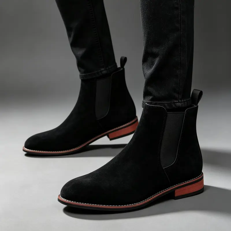 Men's Black Suede Chelsea Boots With Red Heel Elastic Side Ankle Booties Formal Casual Dress Boots For Daily Business Party, Non Slip Fashion Short Boots, Pull On Boots