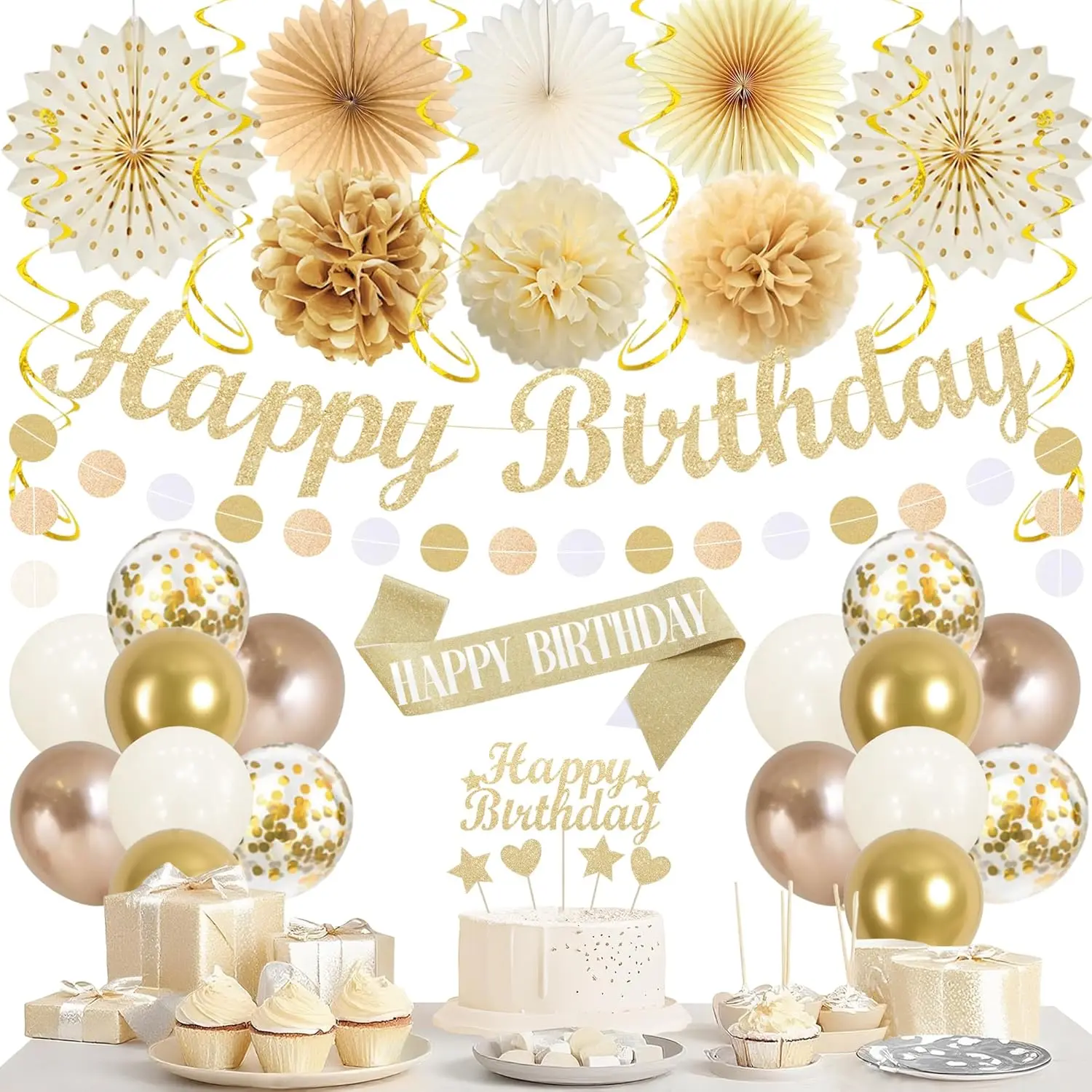 Vlipoeasn Champagne Gold Birthday Party Decorations Set, Happy Birthday Banner Cake Topper Paper Fans Pompoms Latex Balloons Kit, Party Supplies for Women Men Adults Kids Indoor Backdrop Decor