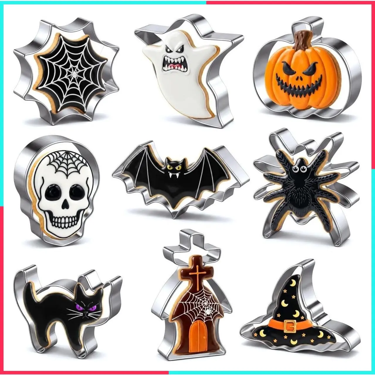 Halloween Cookie Cutters Set 9 Pieces, Metal Cookie Cutters Shapes - Bat, Ghost, Pumpkin, Cat, Witch's Hat, Spider, Spider Web, Skull, Tombstone, Stainless Steel Biscuit Molds for Party Decorations