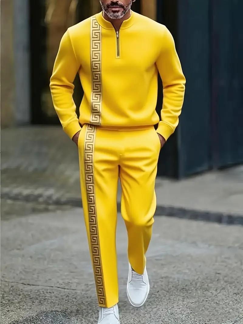 Men's European American-Style Sportswear Set Half-Zip Top & Matching Trousers Golden Greek Fretwork Design Comfortable Fabric for Daily Streetwear