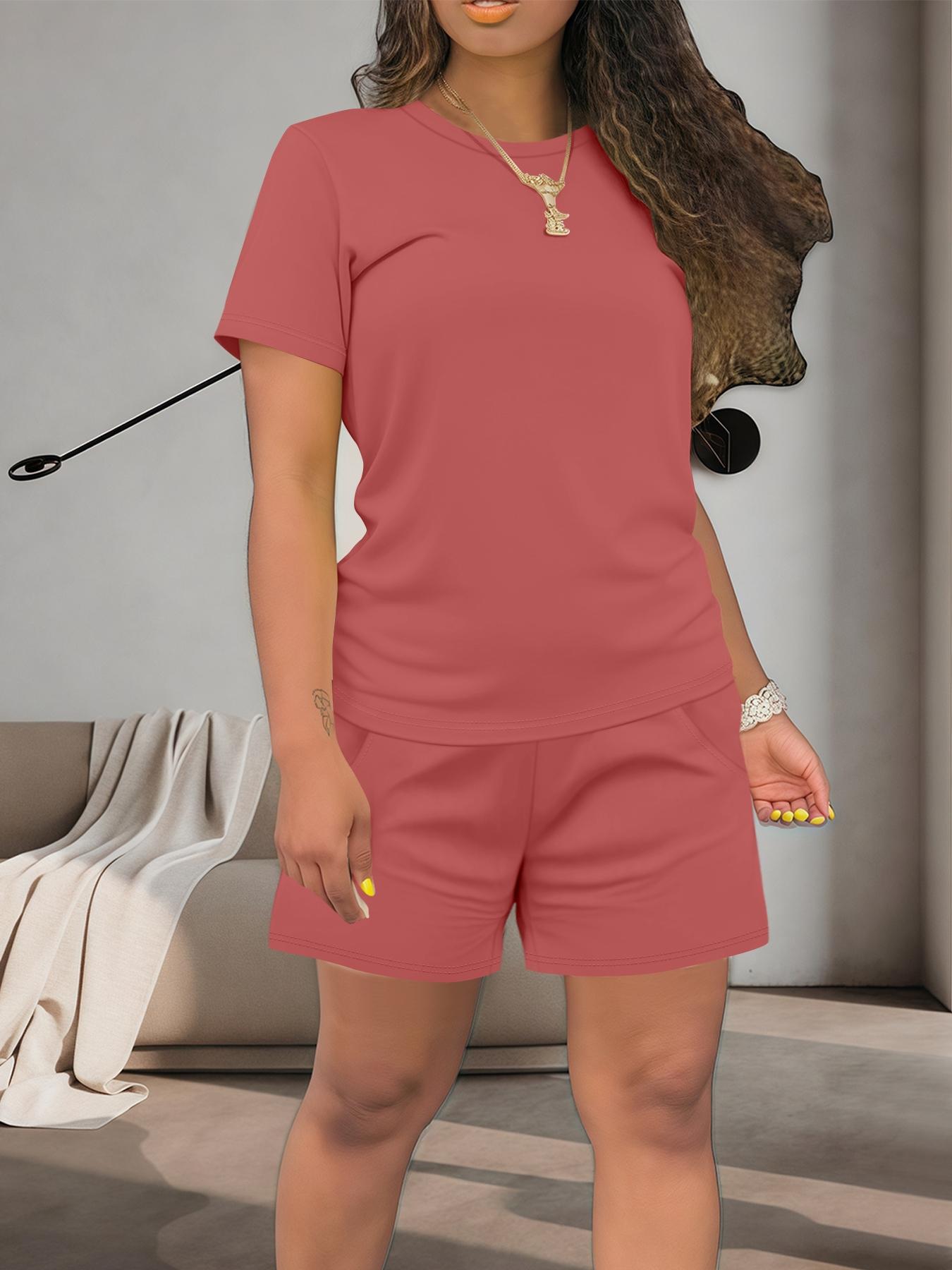 Women's Summer Casual Set, Regular Fit Short Sleeve Top & Shorts, Plain Color Women's, Comfortable Daily Wear