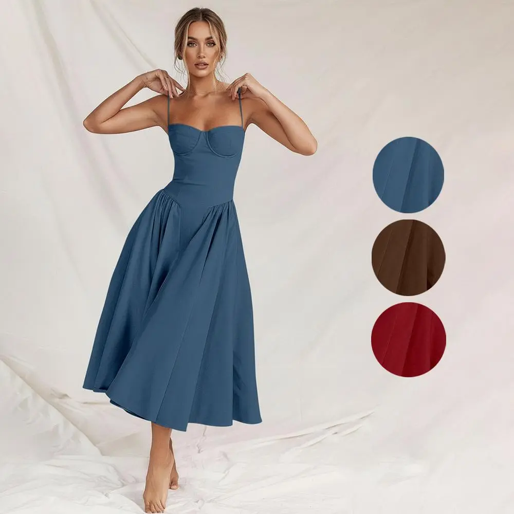 New arrival! A vintage-style midi camisole dress featuring a fitted, corset-style bodice and an A-line skirt—perfect for dates, dinners, parties, or vacations.