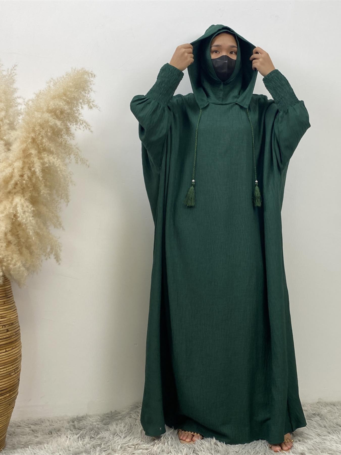 Women's Solid Color Batwing Sleeve Drawstring Hooded Dress, Casual Long Sleeve Shirred Cuff Long Dress for Spring & Fall, Women's Islamic Clothing for Daily Wear, Hooded Arabian Dress