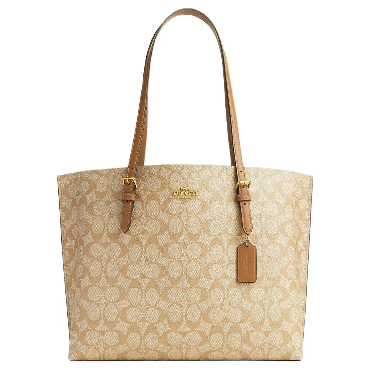 COACH Mollie Classic Monogram Central-Zip Compartment Tote Bag for Women, Coated Canvas and Leather, Light Khaki