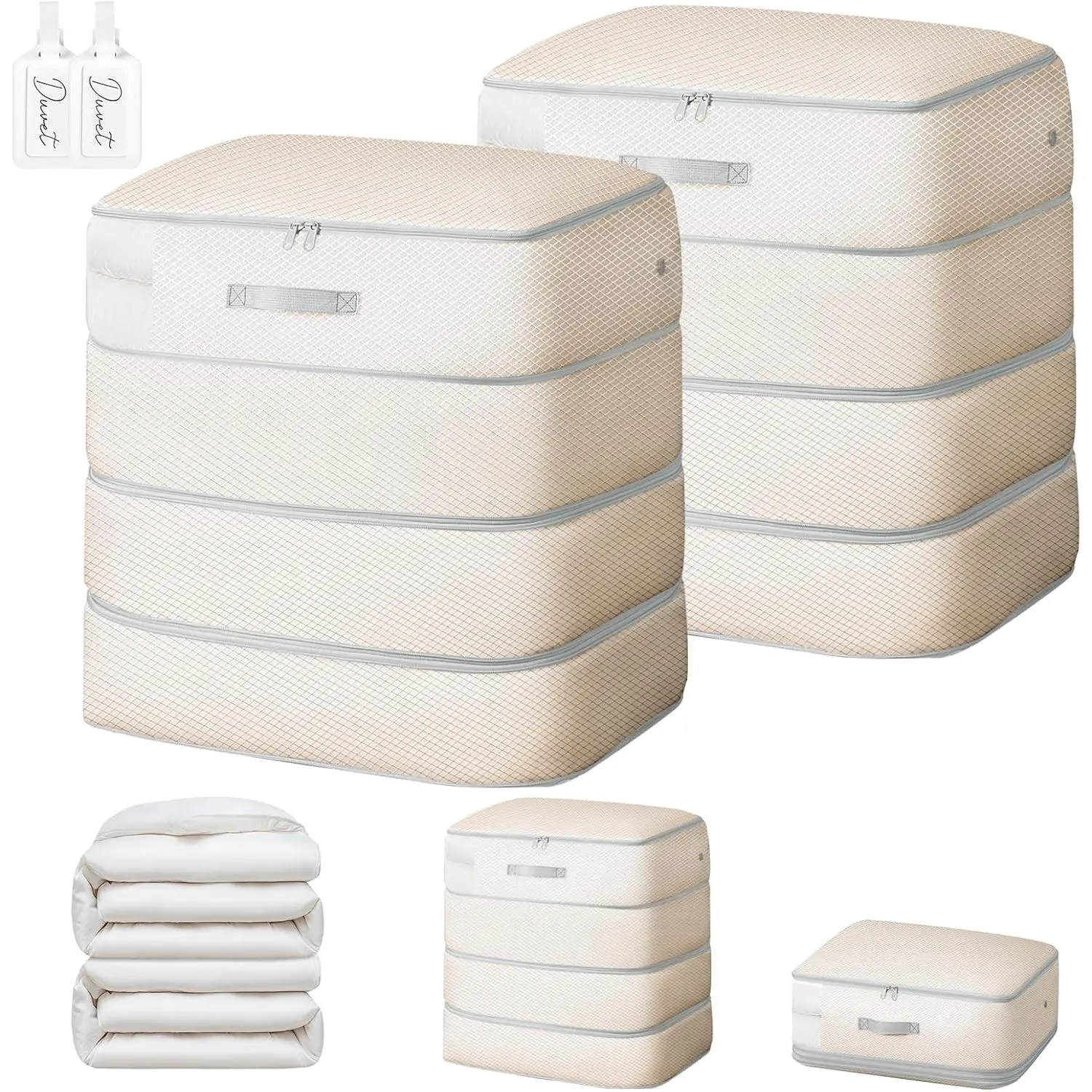 Comforter Storage Bag - 130L Large Capacity Blanket Storage Bags 4-Layer Ultra Space Saving Self Compression Organizer, Washable Compression Bags for Storage Comforter Blanket, 2-Pack, Beige