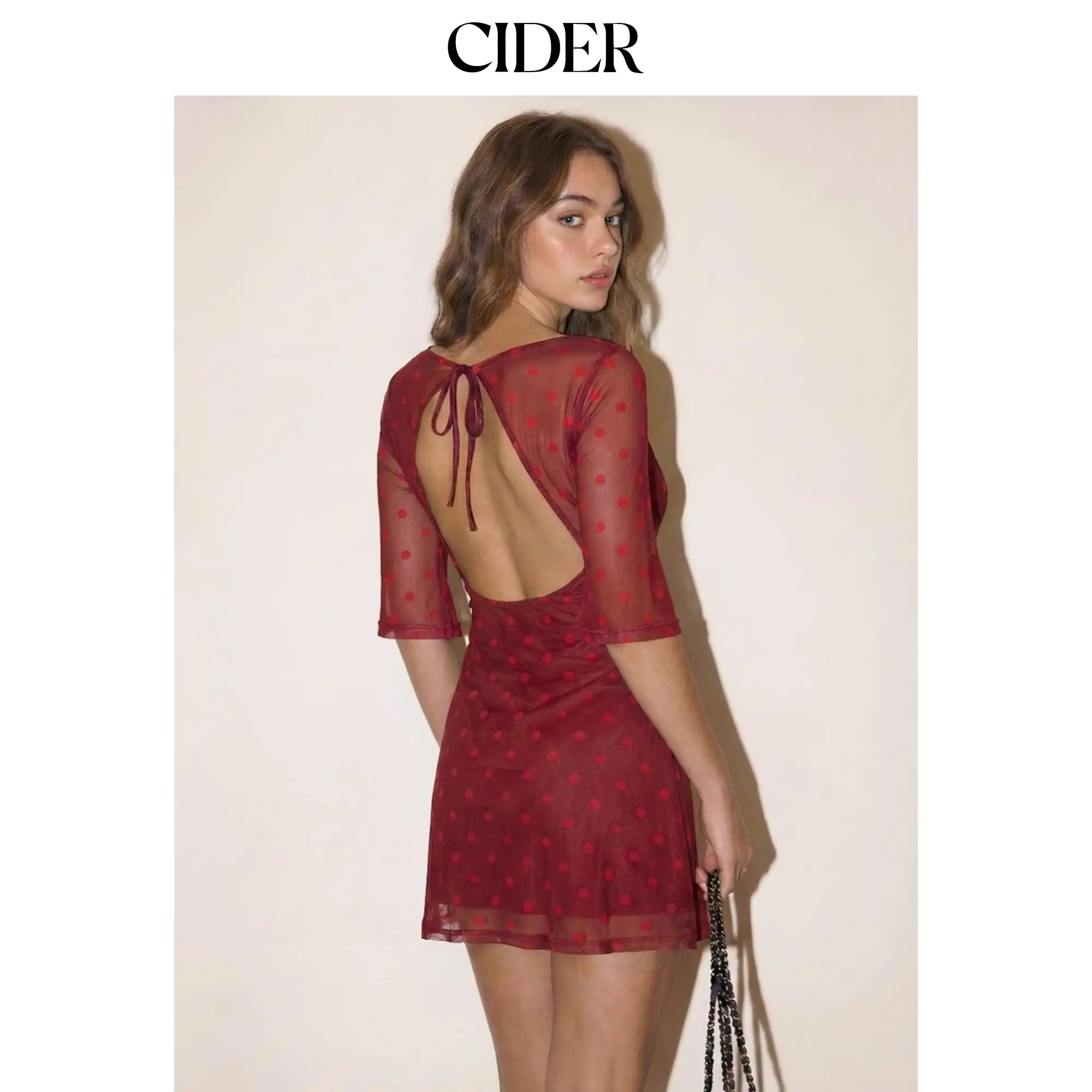 Cider Chiffon Halter Neckline Polka Dot Cut Out Mini Dress SohoChic