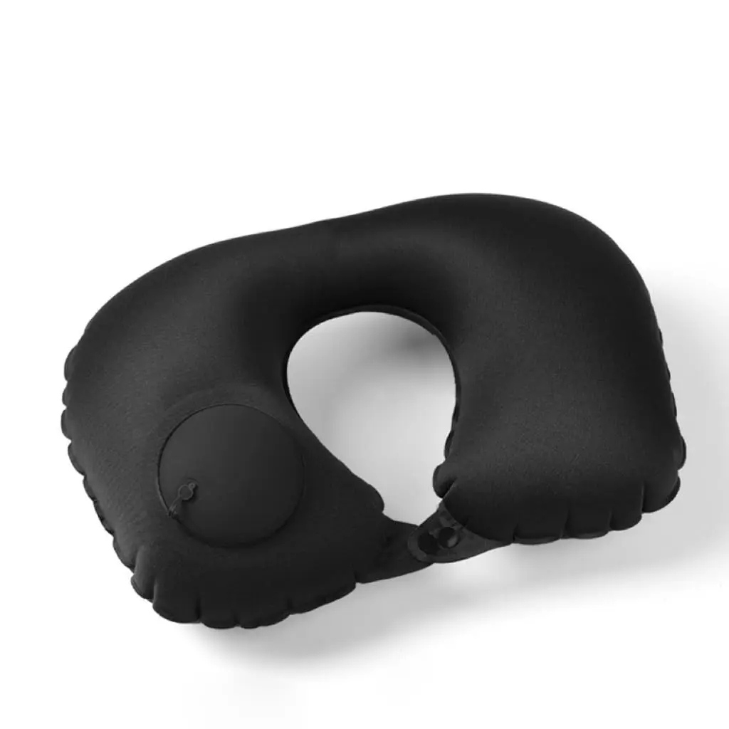 Inflatable Travel Pillow, Press-Pump Neck Rest – Smooth Air Cushion for Flights, Camping, Office Nap (Black)