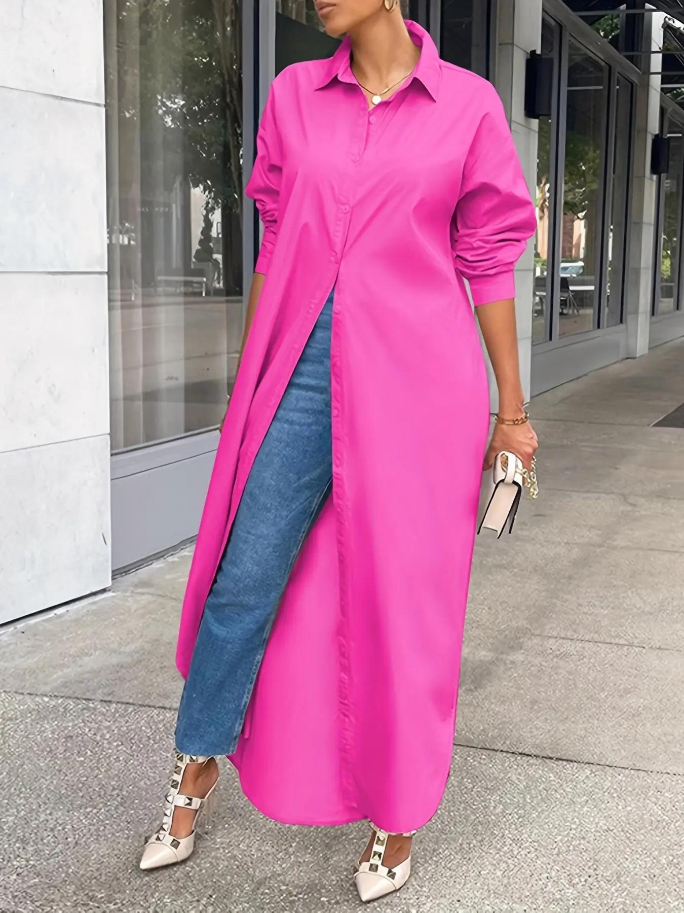 Women's Solid Collared Button Front Long Blouse, Casual Long Sleeve Button Up Shirt, Fashion Women's Spring & Fall Top For Daily Wear