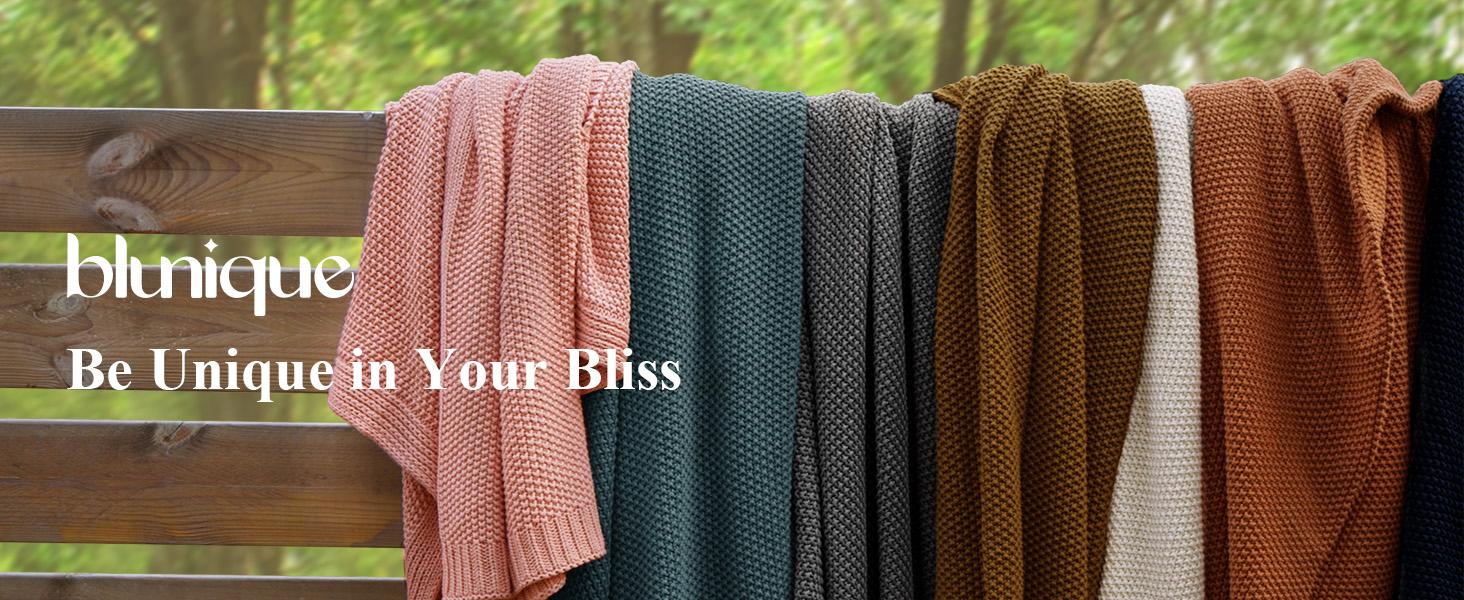 Blunique 100% Cotton Plain Knit Throw Blanket - Soft Cozy, Lightweight, Breathable Cable Knit - Decorative Blanket for Bed, Sofa - Home Decor Ideal Summer Gift