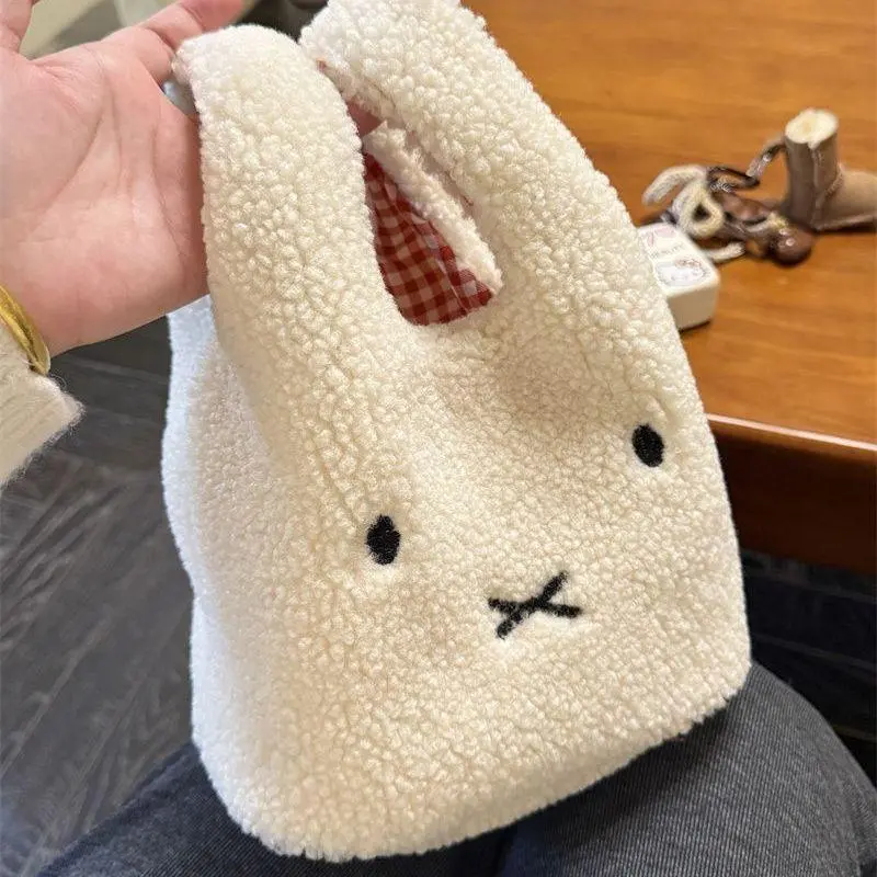 Kawaii Miffy Animal Sherpa Wristlet - Ultra-Soft Faux Lamb Home Organizer Storage Bag, Casual Lightweight Rabbit Plush Tote for Work, Lunch, Cute