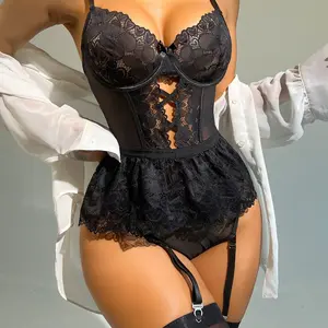 New European Heart Lace Backless Sheer Shaping Bodysuit Loungewear for Women