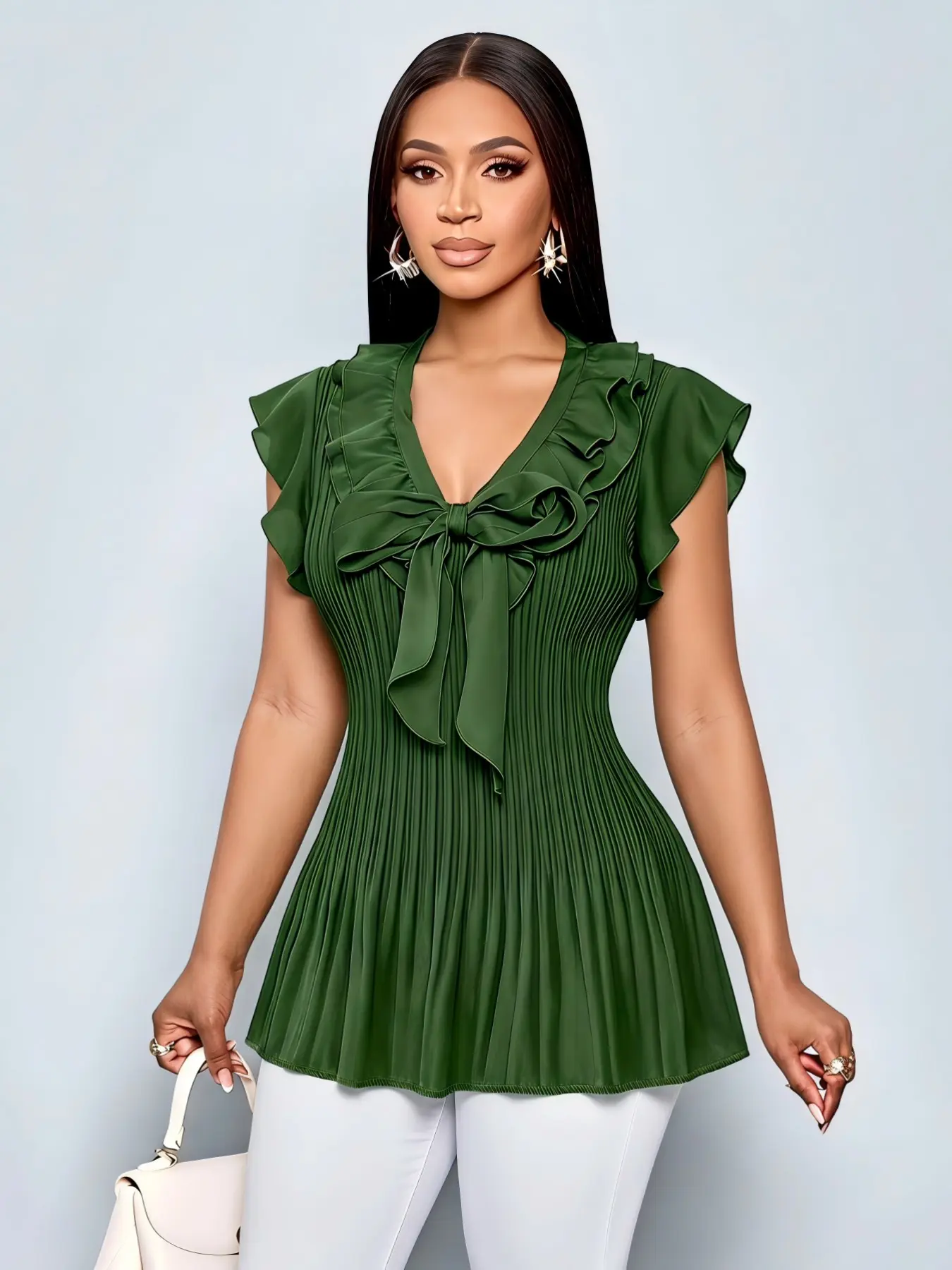 Ruched V-Neck Large Bow Ruffle Short Sleeve Fitted Top Blouse, Elegant Satin Material, Waist-Cinch Design, Perfect for Stylish