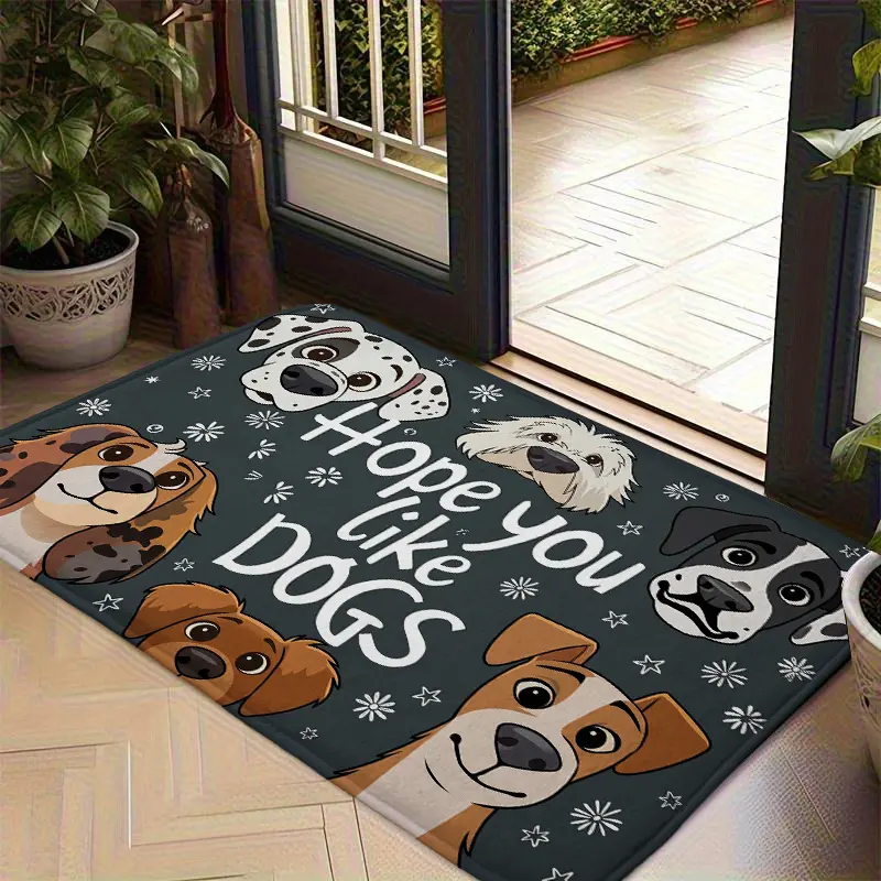 Flannel Soft Flocked Surface Non Slip Doormat, Cute Cartoon Different Breeds Dogs Hope You Like Dogs Letter Pattern Absorbent Entrance Floor Rug, Washable Pet Lover Decorative Anti Slip Carpet for Front Door Bedroom Indoor Home Decor
