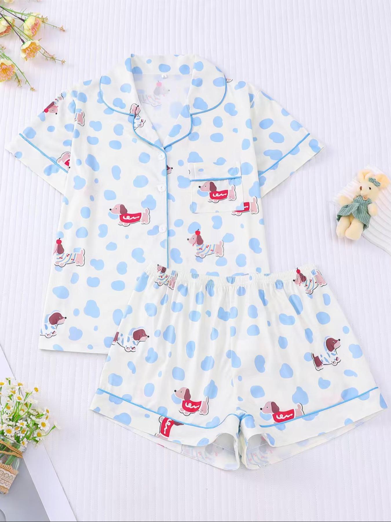 Women's All Over Dachshund Print Shirt & Elastic Waist Shorts Pyjama Two-piece Set, Casual Comfy Short Sleeve Collared Top & Shorts PJ Set, Ladies Sleepwear for All Seasons, Loungewear, Pajama Set, Pajamas