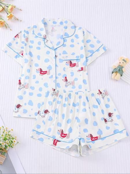 Women's All Over Dachshund Print Shirt & Elastic Waist Shorts Pyjama Two-piece Set, Casual Comfy Short Sleeve Collared Top & Shorts PJ Set, Ladies Sleepwear for All Seasons, Loungewear, Pajama Set, Pajamas