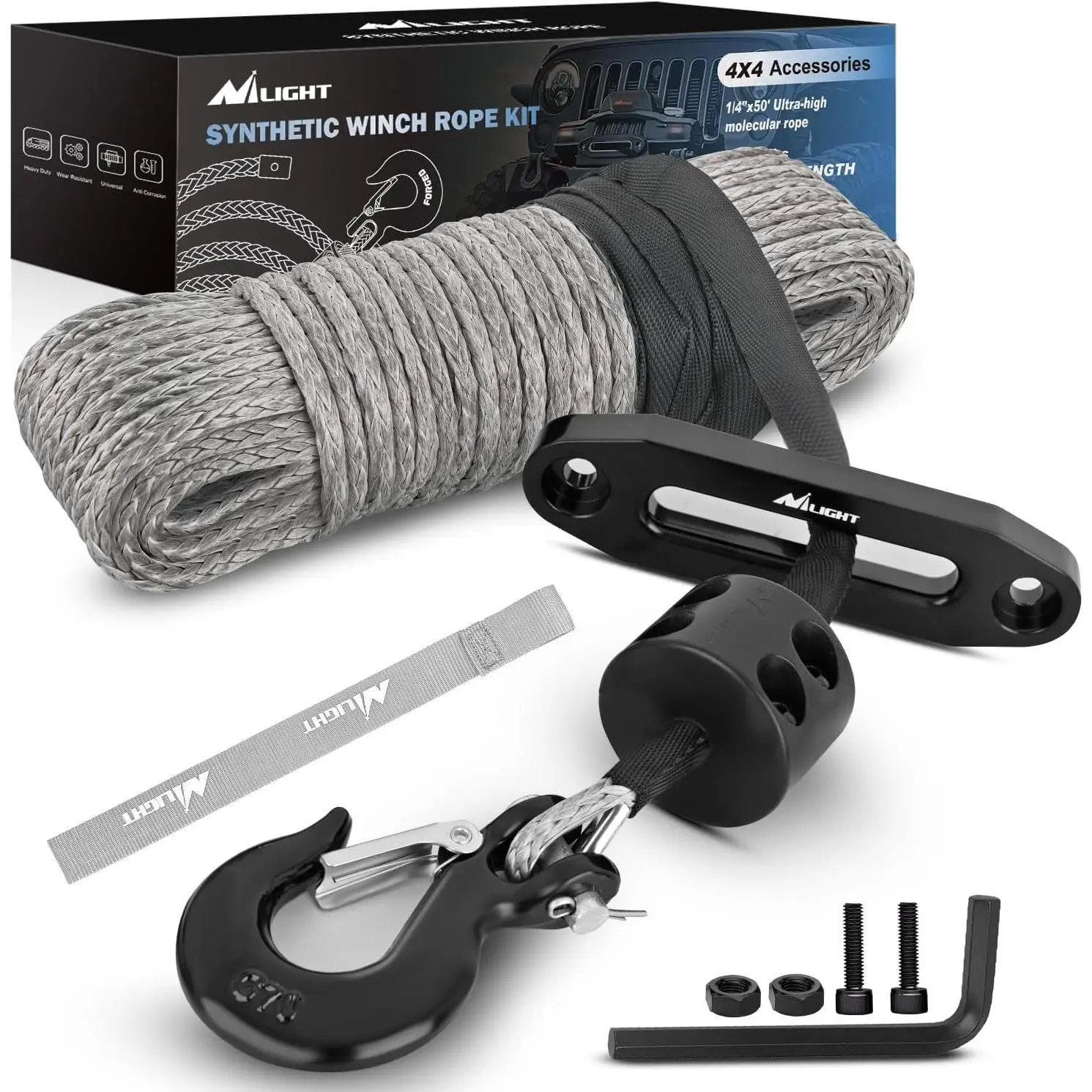 Nilight Synthetic Winch Rope Kit, 1/4 Inch x 50 Feet Winch Line Cable for ATV UTV Offroad, 10000 lbs Gray Winch Cable Ropes with Winch Fairlead+ Forged 35000lb Winch Hook+ Rubber Stopper Safety Strap,car accessories