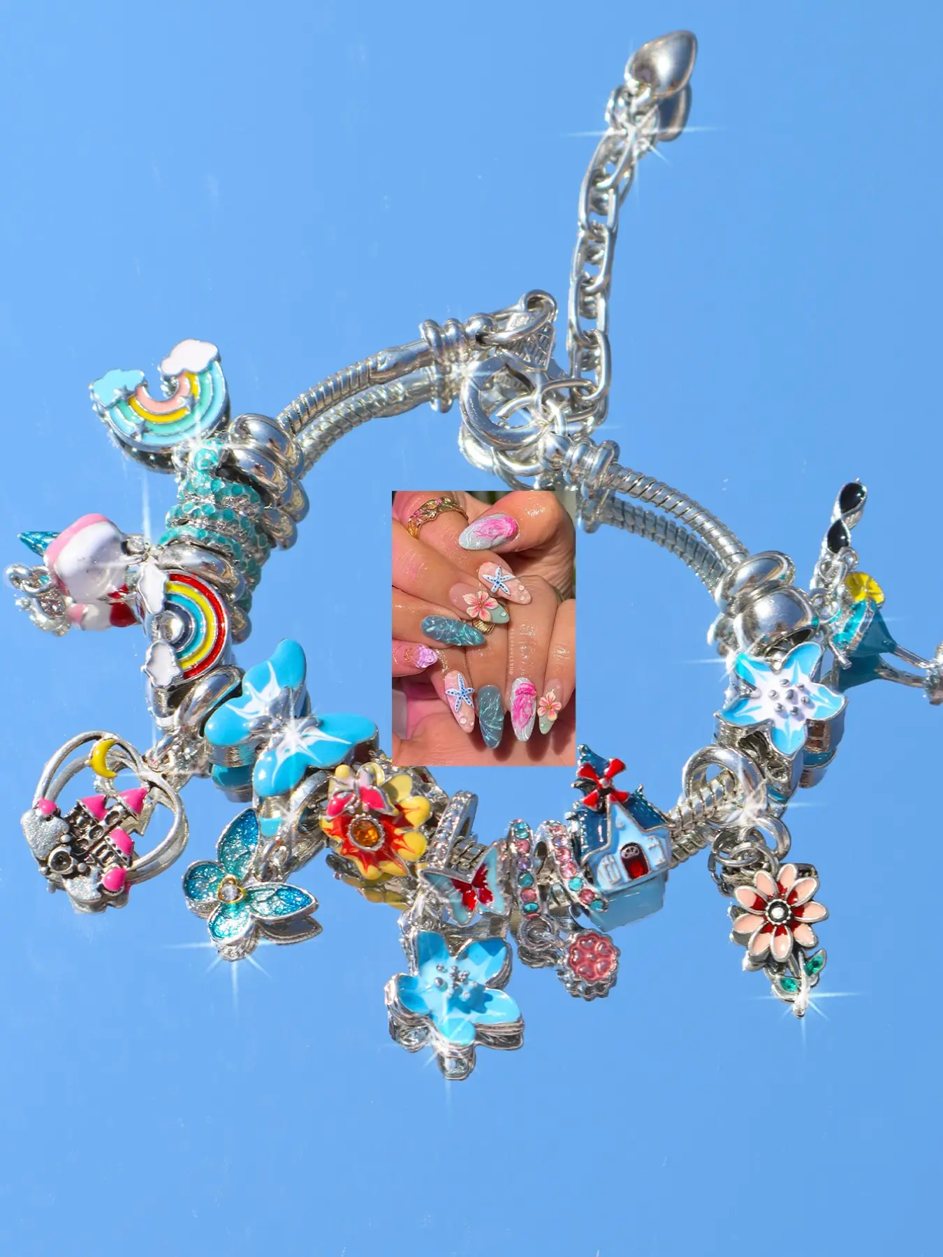 Summer Vacation Style Sunflower Charm Bracelet, Beach Cherry Blossom Starfish Shell Castle Bracelet, Butterfly Flower Rainbow Bracelet, Cocktail Bracelet, Butterfly Pattern, Hand Chain Jewelry