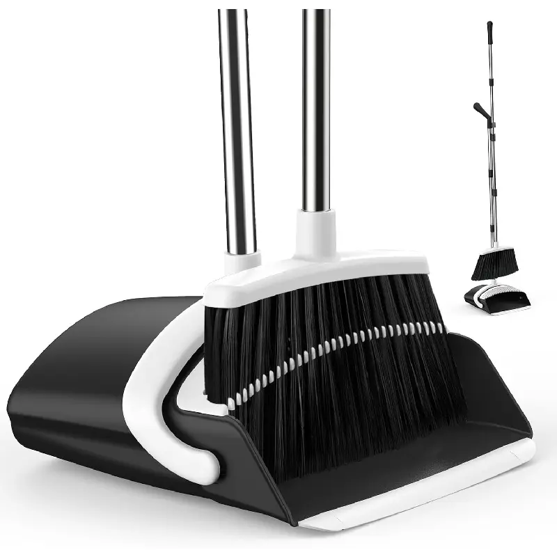 Broom and Dustpan Set for Home, 51-in Long Adjustable Handle Angle Broom and Dustpan Combo Set with Dust Pan Teeth to Clean Hair for Home Kitchen Office Lobby Floor Garden (Black&White)