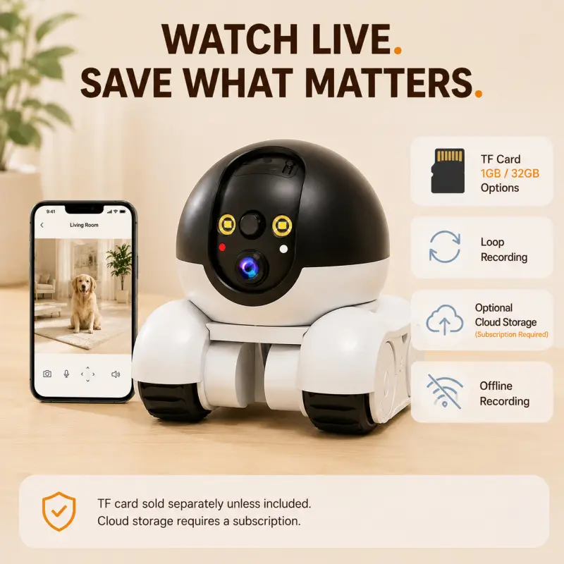 Robot Camera Wheeled Mobile Security Bot Dual 1080P HD Screens View Built in Human Pet Detection Instant App Alerts Two Way Audio Remote Room To Room Checking For House Pets Senior Family Monitoring App Controlled Camera Video Camera Security