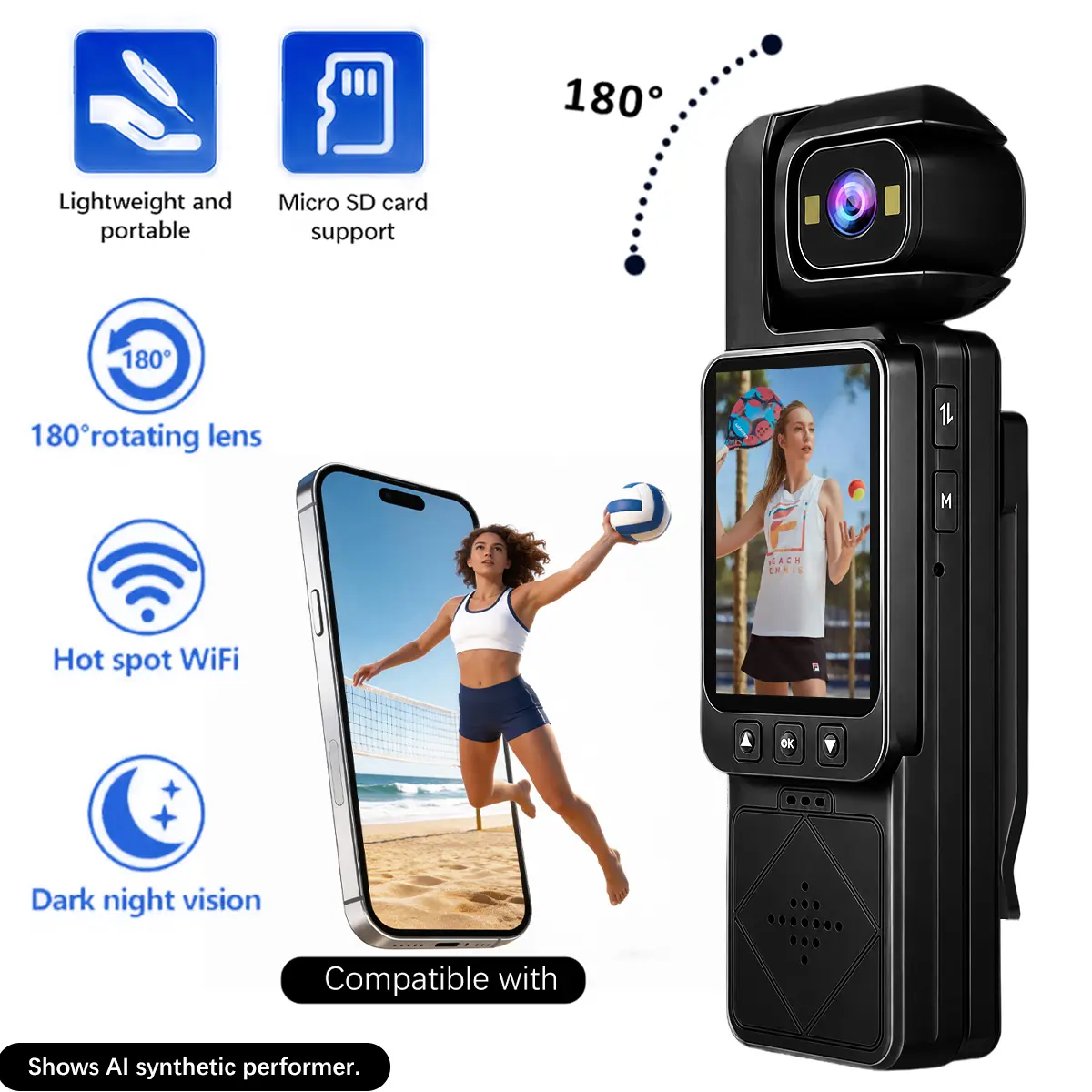 Portable Multifunction Recorder 1080P Action Camera, Outdoor Sports Camera, 140° Rotating Lens, 6X Digital Zoom, IR Night Vision, WiFi & Loop Recording for Skiing, Skateboarding & Hiking – Great Gift for Outdoor Enthusiasts