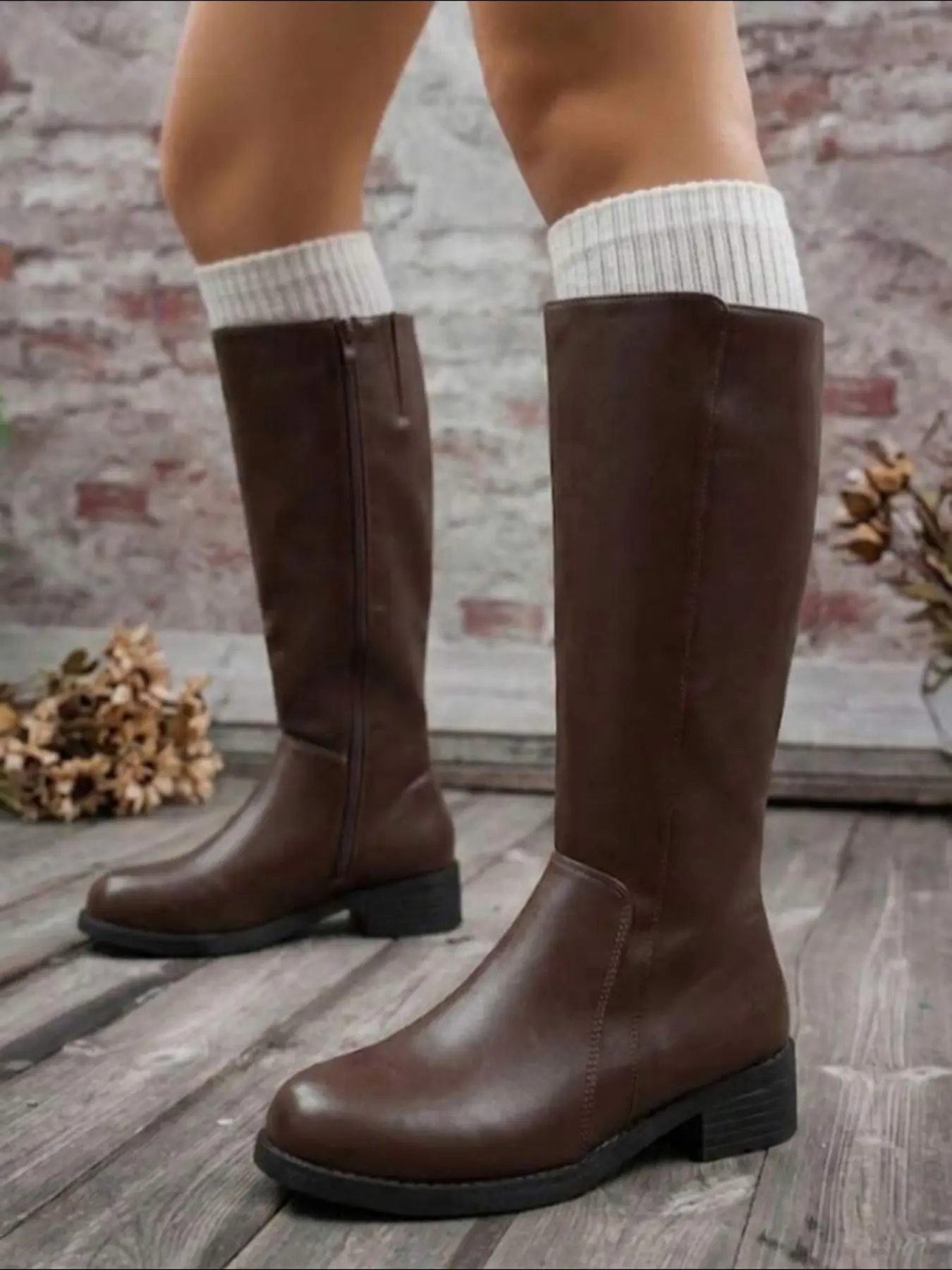 Women Knee High Boots, Classic Round Toe, Block Heel, Side Zipper, PU Leather, Rubber Sole, Casual Fall Winter Boots