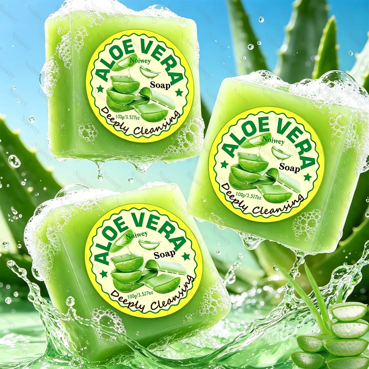 100g 3pcs Aloe Vera Essential Oil Cleansing Soap, Mild, Gentle Hydrating Cleanser, with Aloe Vera Extract & Niacinamide, Gently Cleanses, Moisturizes, Soothes Skin, Controls Oil, Handmade Soap, Unisex, Portable, Long-Lasting