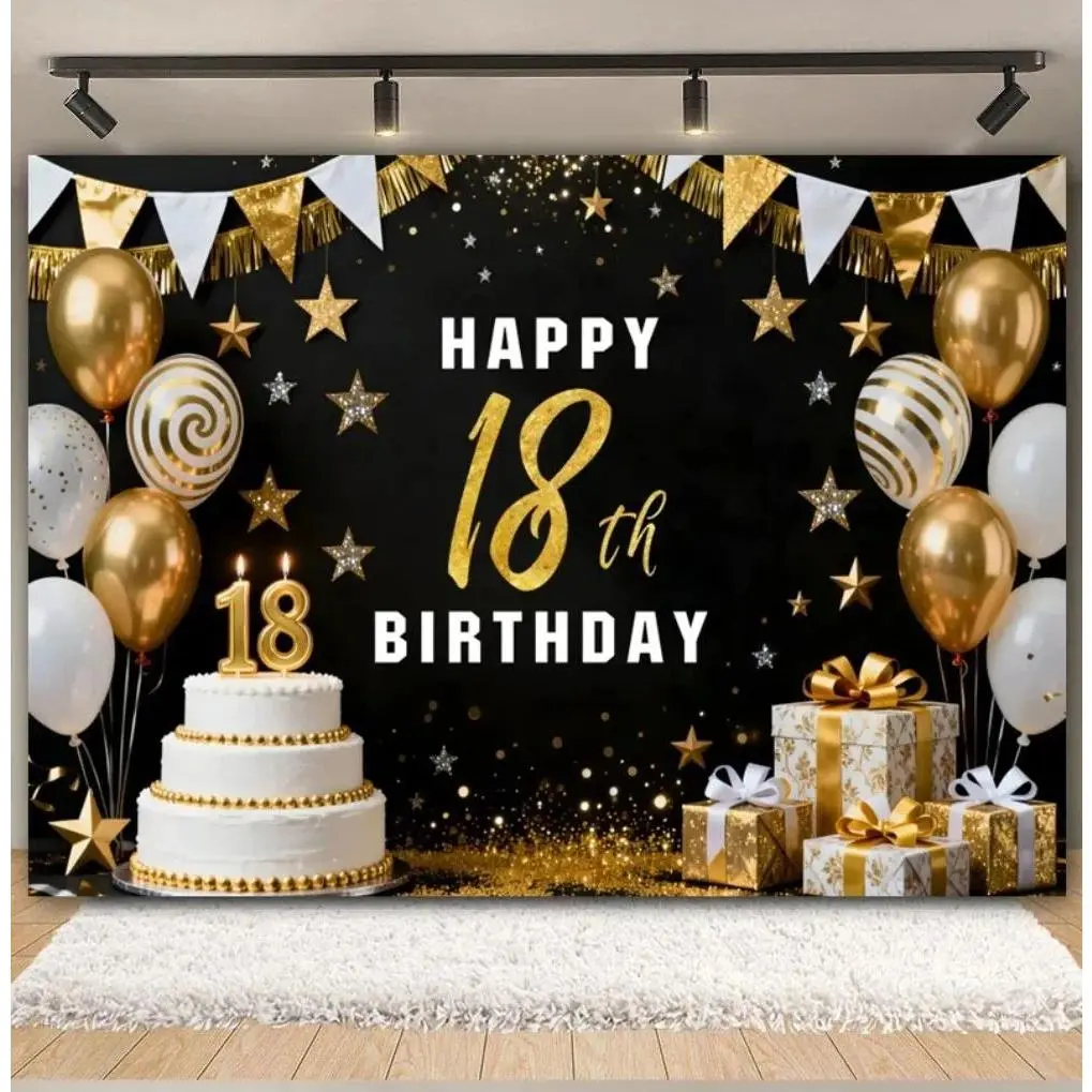 Lightweight Retro Balloon Ribbon Theme Backdrop Banner - Black, Gold, Pink, Blue - 18th Birthday Coming-of-Age Party Decoration & Photography Cloth (Home & Festive Party Supplies), Banners